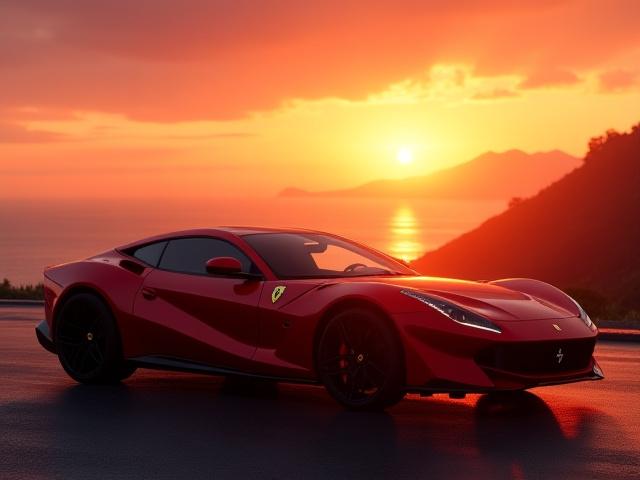 夕日を背景にした高級スポーツカー